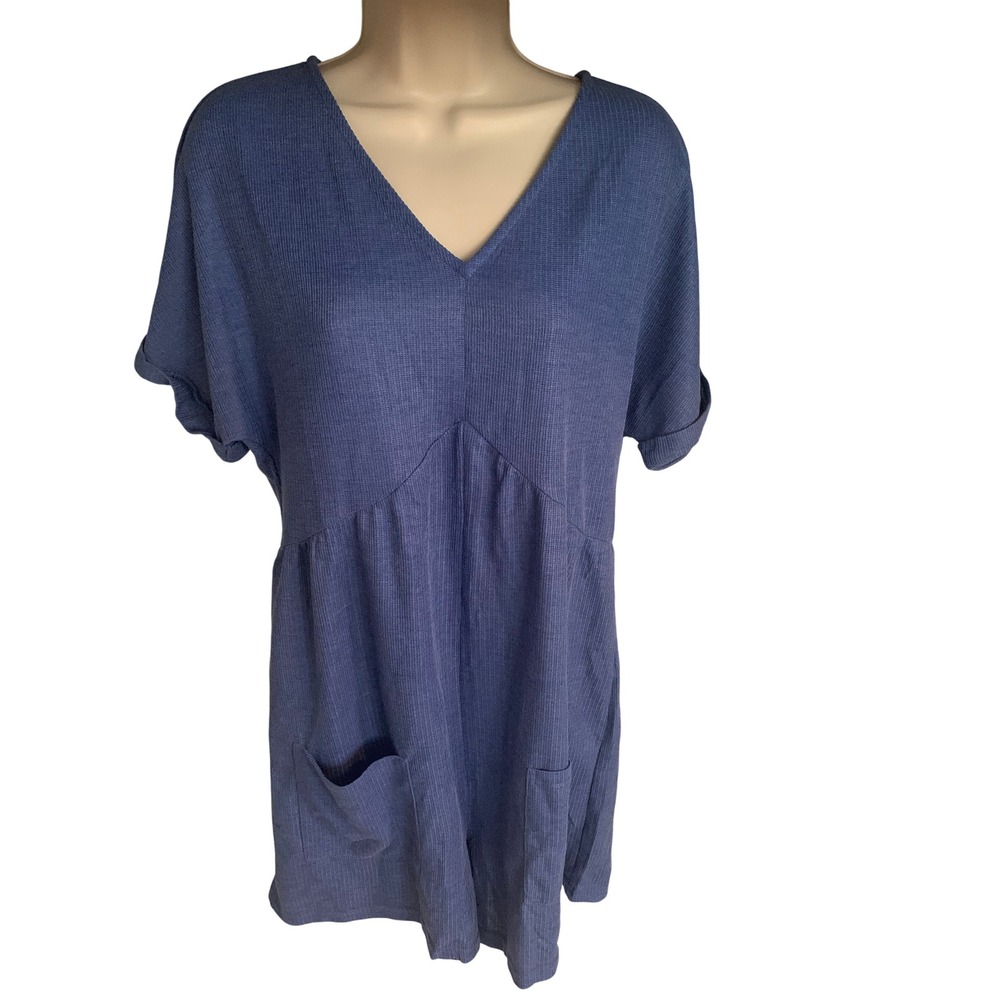 Blue Ribbed Knit Short Sleeve V-Neck Romper with Pockets Size L